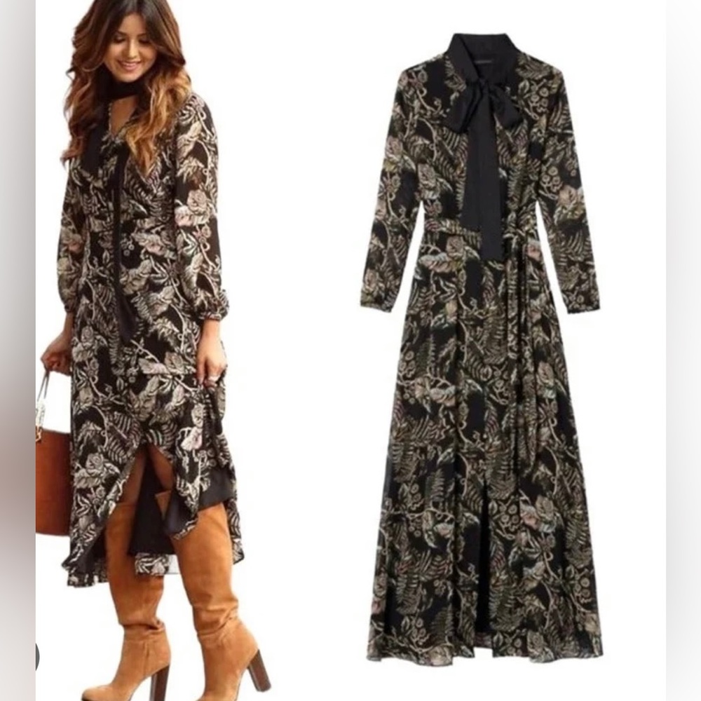 Banana Republic Black and Cream Patterned Maxi Dress